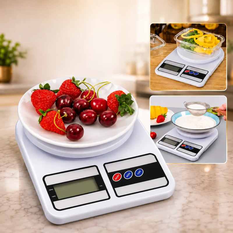 Balança digital de cozinha com capacidade para até 10 kg, visor LCD e plataforma ampla, ideal para pesar ingredientes, receitas e controle de porções.