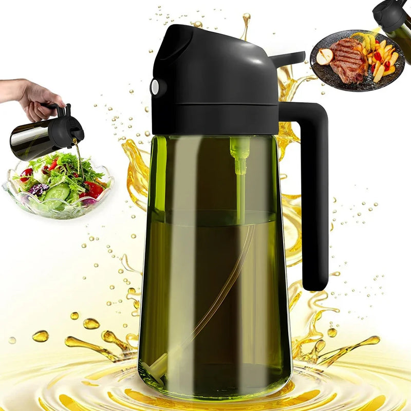 Borrifador de azeite e óleo 2 em 1 em vidro verde de 470ml, com função spray e dosador, ideal para cozinhar, grelhar e temperar alimentos.