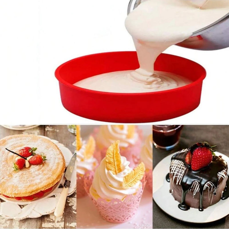 Forma redonda de silicone antiaderente vermelha para preparo de bolos, tortas e sobremesas, resistente ao forno, micro-ondas e freezer.