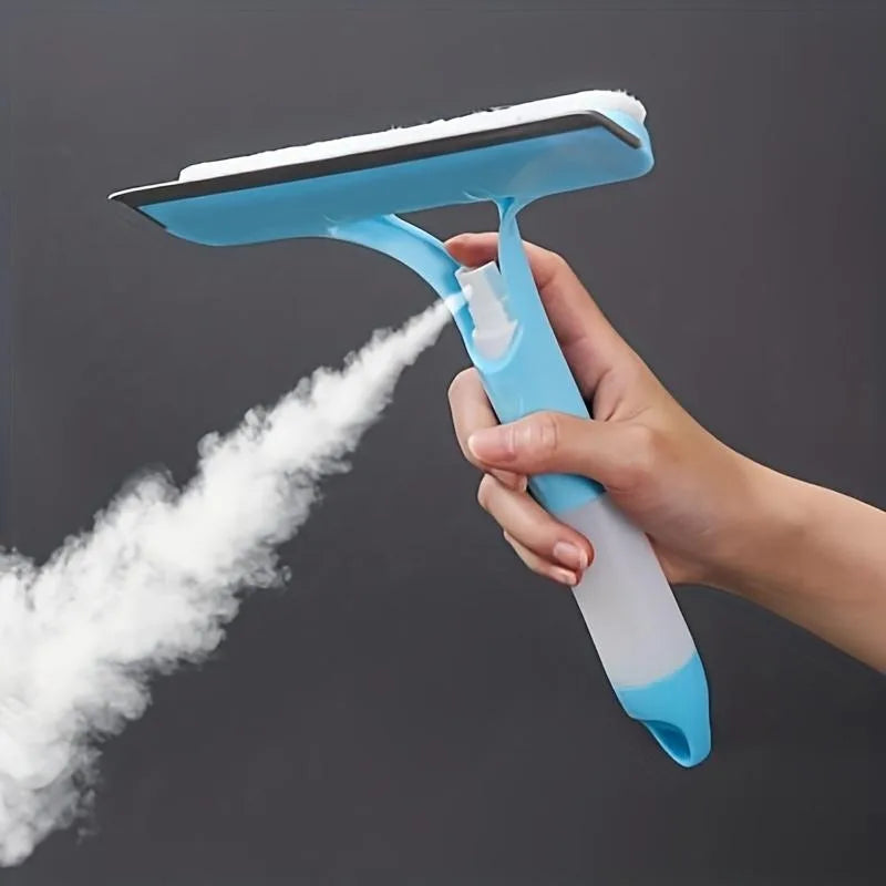 Limpador de vidros 3 em 1 com pulverizador integrado, esfregão de microfibra e rodo de silicone, ideal para janelas, espelhos e boxes de banheiro.
